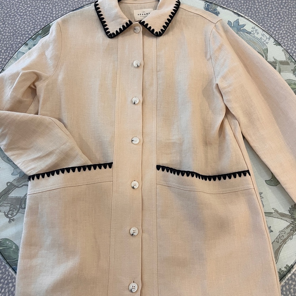 Sezane Will Linen Jacket Cream with Black Trim